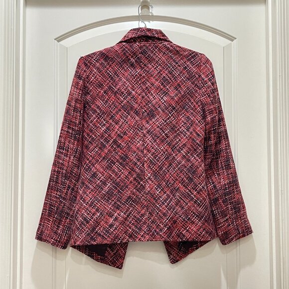 Chico's Blazer Jacket Pink Red Burgundy Tweed Ruffle Open Front NWT New! - Picture 3 of 6